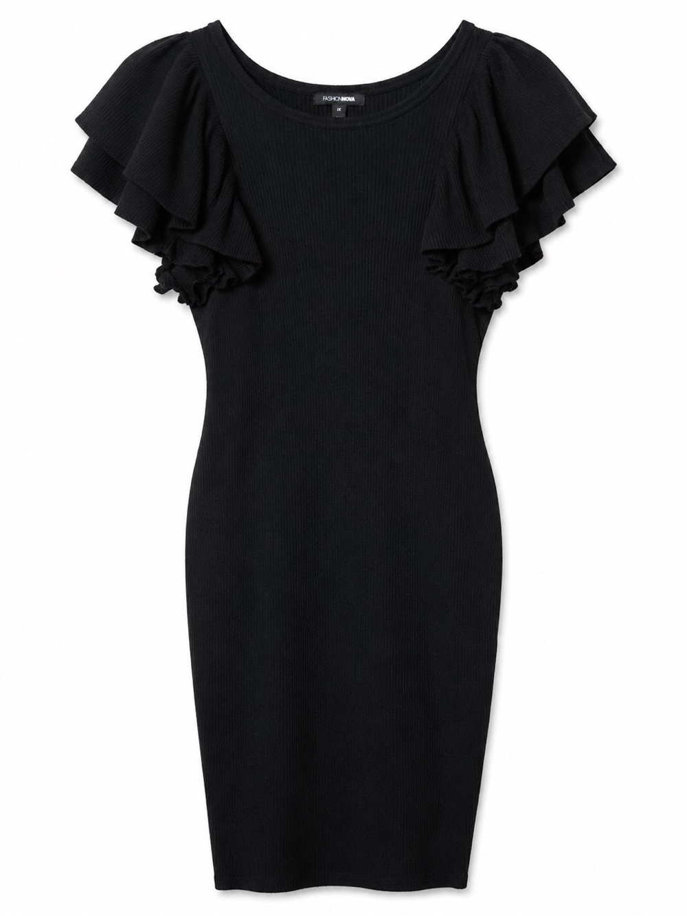 Fashion Nova Women’s 1X Black Ribbed Knit Ruffle Sleeve Knee-Length